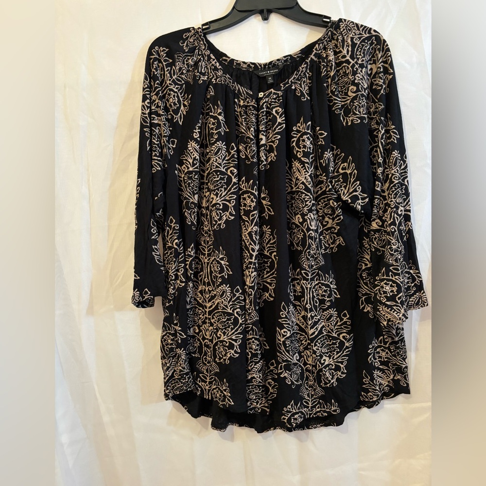 Lucky Brand Women’s Plus‎ Blouse Black with Beige Boho Print Keyhole Top Size 3X